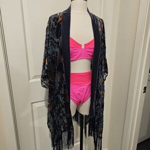 Velvet Floral Fringe Kimono with Bright Pink Bikini